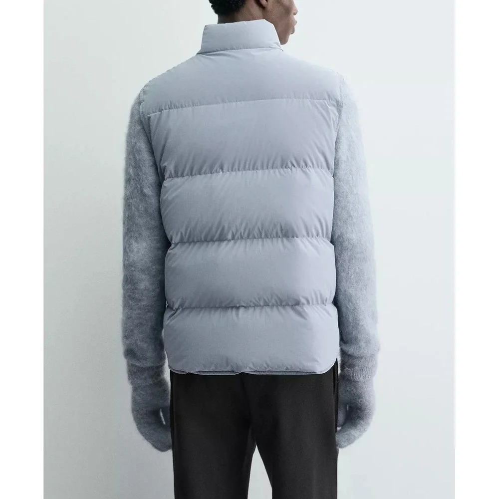 ZARA 100% Down Mens Puffer Vest Light Blue Quilted Snap Button Winter Cozy